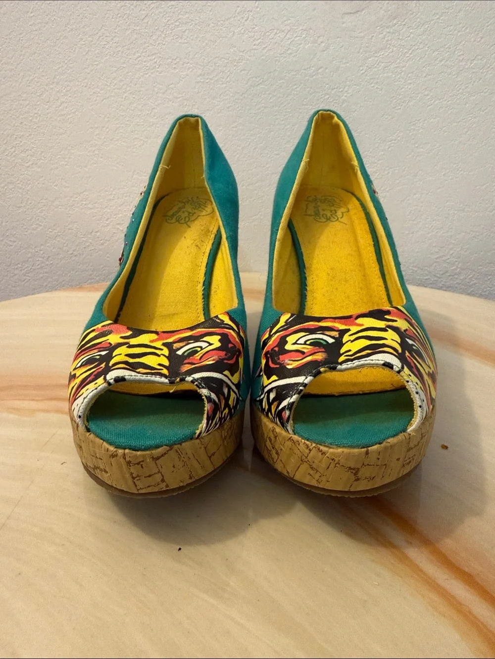 Ed Hardy Women’s Teal Butterfly Print Cork Wedge